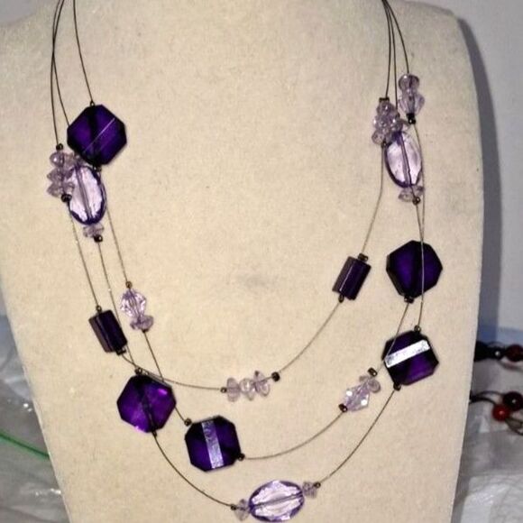 Acylic Women's Layered Necklace Purple Beaded Boho Elegant Evening Cocktail - Picture 1 of 8